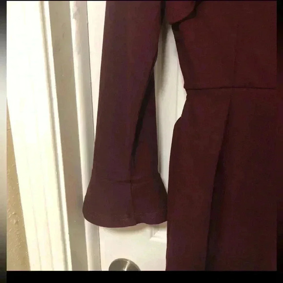 Deep Burgundy Ruffled Bell Sleeve Sheath Dress - Picture 2 of 13